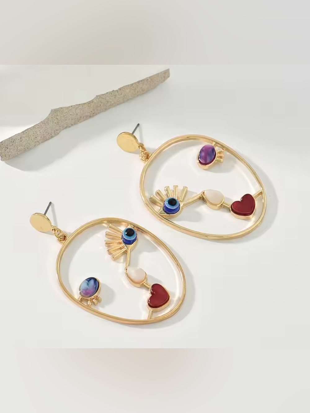 Gold-tone Face Drop Earrings with Pink, Yellow & Blue Accents - Picture 3 of 5